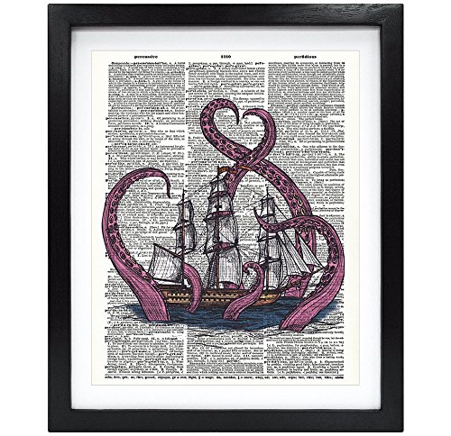 Susie Arts 8X10 Unframed Kraken Giant Squid Attack on Boat Upcycled Vintage Dictionary Art Print Book Art Print Home Decor Funny Prints Wall Art V143