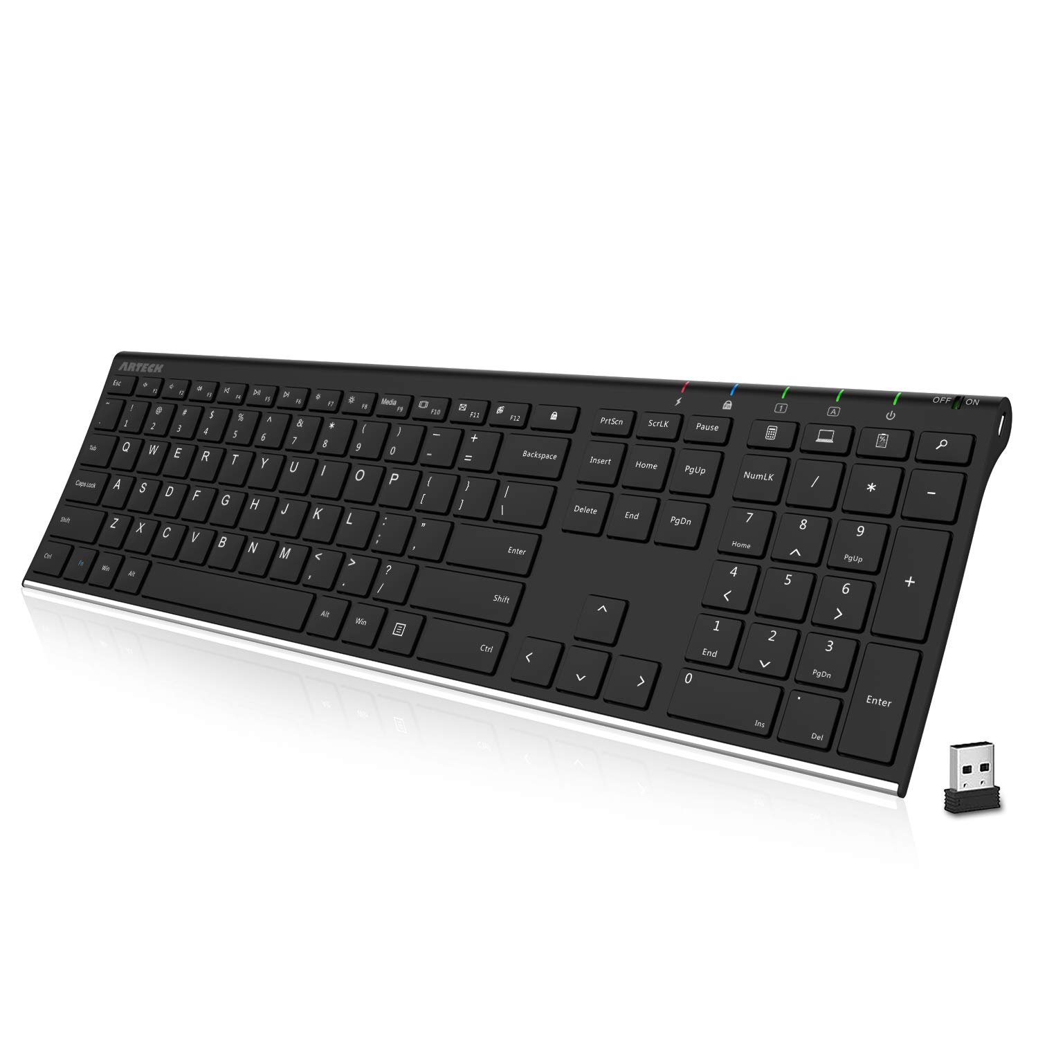 Book Cover Arteck 2.4G Wireless Keyboard Stainless Steel Ultra Slim Full Size Keyboard with Numeric Keypad for Computer/Desktop/PC/Laptop/Surface/Smart TV and Windows 10/8/ 7 Built in Rechargeable Battery