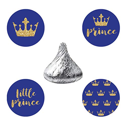 MAGJUCHE Blue Glitter Prince Candy Stickers, Royal Blue Gold Crown Boy Baby Shower Birthday Party Favor Labels, Fit, 304 Count