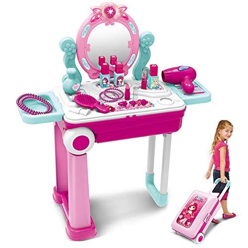 XC TOYS Coiffeuse et Valises 2 en 1 Jouet d'imitation pour Enfant avec lumière Sonore pour Les Filles, Rose