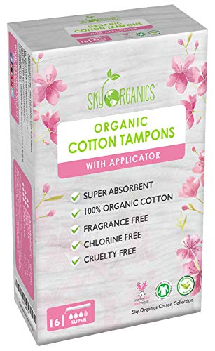 Organic All-Natural Cotton Tampons with Biodegradable Applicator (Super Absorbency) by Sky Organics, Chemical and Plastic-Free, Vegan & Cruelty-Free Tampons, Biodegradable Feminine Care (16 cnt)