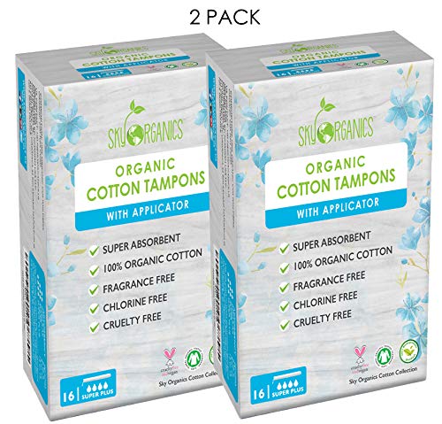 Organic All Natural Cotton Tampons with Biodegradable Applicator (Super Plus Absorbency) by Sky Organics (2pack)- Chemical, Plastic-Free, Vegan & Cruelty-Free Tampons, Feminine Care Tampons (32 Cnt)