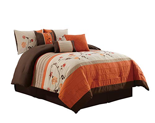 Chezmoi Collection Serene 7-Piece Floral Scroll Embroidery Pleated Striped Comforter Set (Queen, Orange)