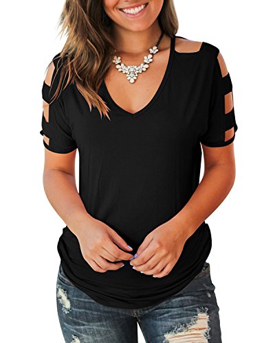 Book Cover Jescakoo Women's Short Sleeve Cut Out Cold Shoulder Tops Deep V Neck T Shirts