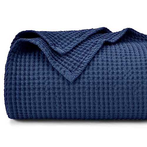 PHF 100% Cotton Waffle Weave Blanket Queen Size 90"x90"-Lightweight Washed Soft Breathable Blanket for All Season-Perfect Blanket Layer for Couch Bed Sofa-Elegant Home Decoration-Navy Blue