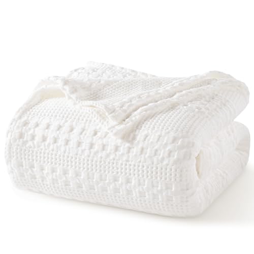 PHF 100% Cotton Waffle Weave Blanket King Size 108"x90" for Home Decorations - Textured, Breathable, Skin-Friendly, Moisture Absorption Blanket for All Season - Perfect for Couch Bed Sofa White