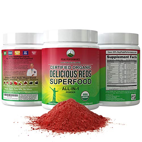Organic Reds Superfood Powder. Best Tasting Organic Red Juice Super Food with 25+ All Natural Ingredients and Polyphenols. Vital for Max Energy and Detox. Raspberry, Elderberry, Beetroot