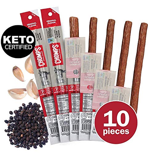 Book Cover CHOMPS Grass Fed Beef Jerky Meat Snack Sticks | Keto Certified, Whole30 Approved, Paleo, Low Carb, High Protein, Gluten Free, Sugar Free, Non-GMO | 100 Calorie 1.15 Oz Stick, Original Beef 10 Pack