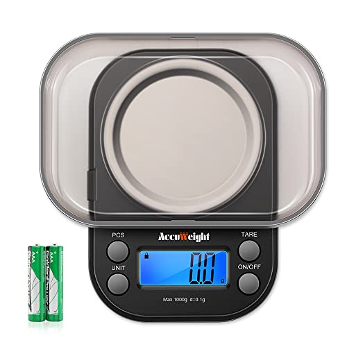 Book Cover AccuWeight Gram Scale with 1000g/0.1g High Precision Mini Coffee Scale for Weed Jewelry Scale with 6 Units, Tare, Calibration PCS Function and Backlit