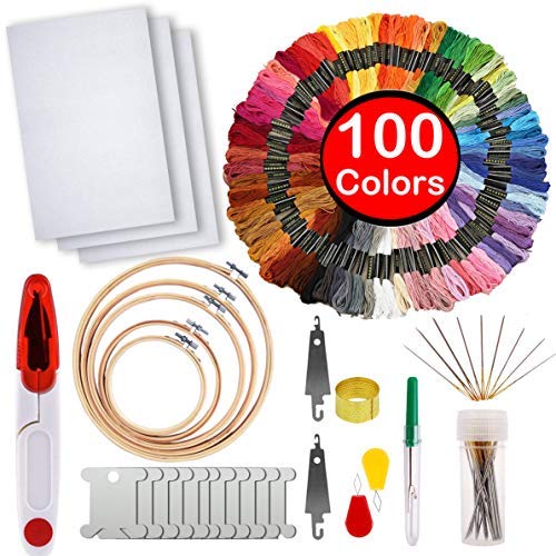 Full Range of Embroidery Starter Kit ,5 Pieces Bamboo Embroidery Hoops,100 Color Embroidery Threads,Cross Stitch Tool Kit