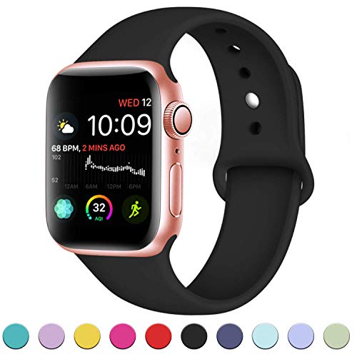 Book Cover DaQin Bands Compatible with Apple Watch Band 38mm 40mm, Soft Silicone Sport Replacement Wristbands Strap for Apple iWatch Series 5 Series 4, Series 3/2/1, Black, S/M