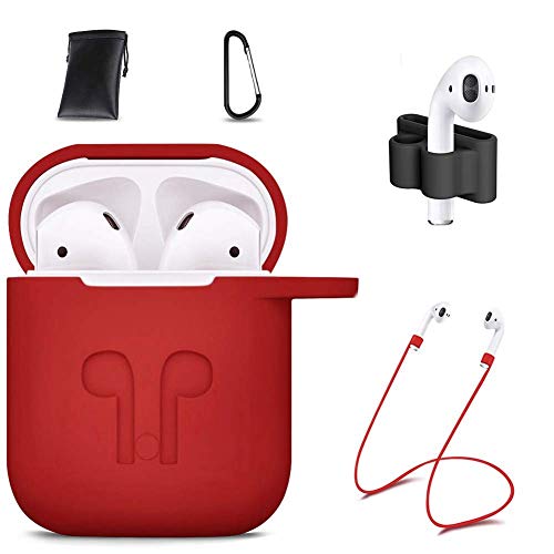 Book Cover AirPods Case Cover,7 in 1 AirPods Accessories Silicone Airpods Protective Cover Set with Clip Holder/Keychain/Strap/Earhooks/Soft Storage Bag for Apple Airpod (Red) by GIM