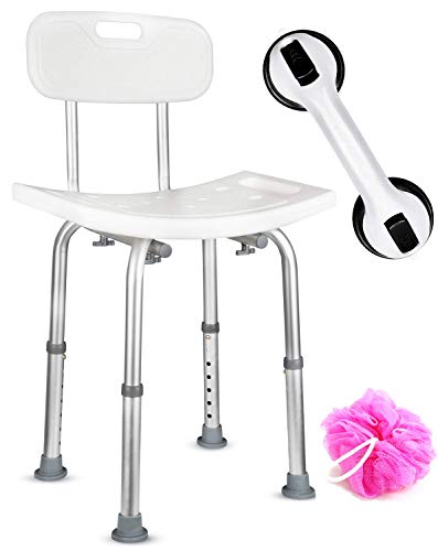 DR. MAYA Adjustable Bath and Shower Chair - Free Suction Assist Grab Bar - Anti-Slip Bench Bathtub Stool Seat for Bathroom Safety (Shower Chair with Back)