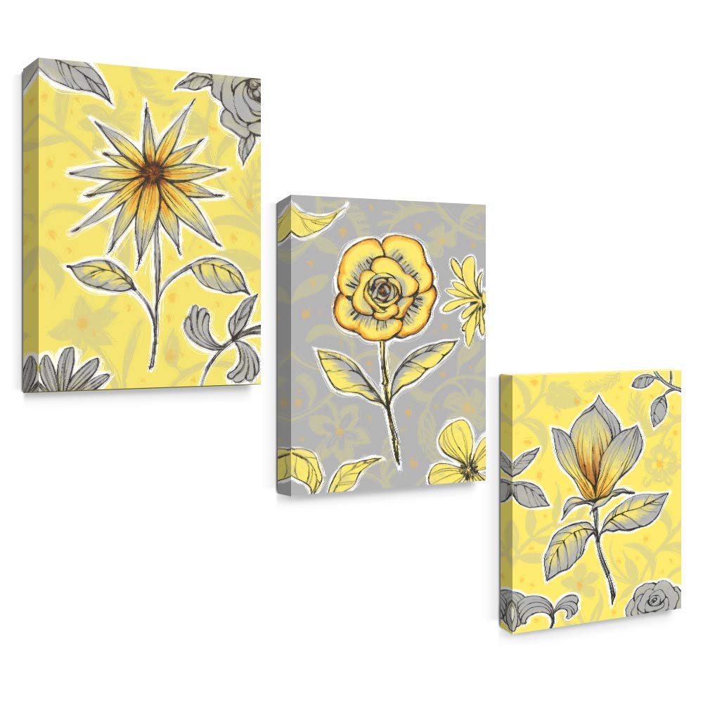 SUMGAR Yellow Wall Art Bedroom 3 Piece Grey Flower Pictures Kitchen Gray Floral Canvas Paintings Living Room Framed Artwork Set Bathroom Decor,12x16 inch