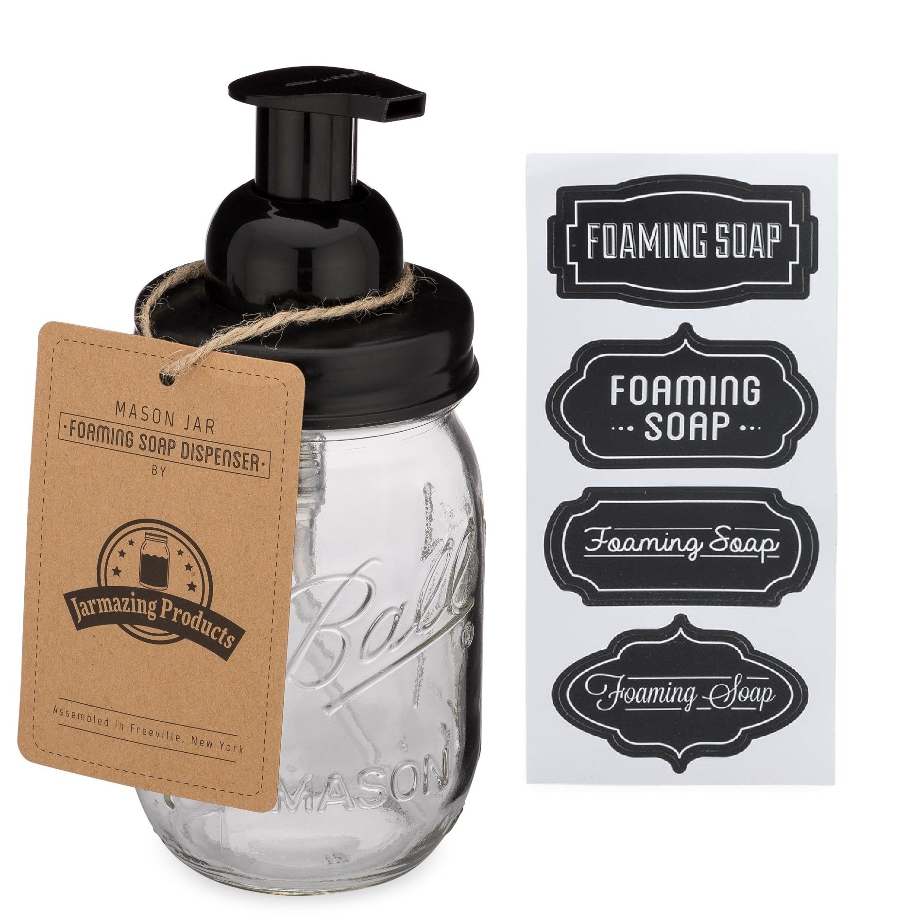 Book Cover Jarmazing Products Mason Jar Foaming Soap Dispenser - Black - with 16 Ounce Ball Mason Jar - One Pack!