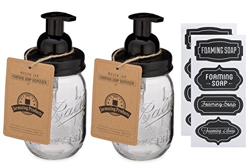 Book Cover Jarmazing Products Mason Jar Foaming Soap Dispenser - Black - with 16 Ounce Ball Mason Jar - Two Pack!