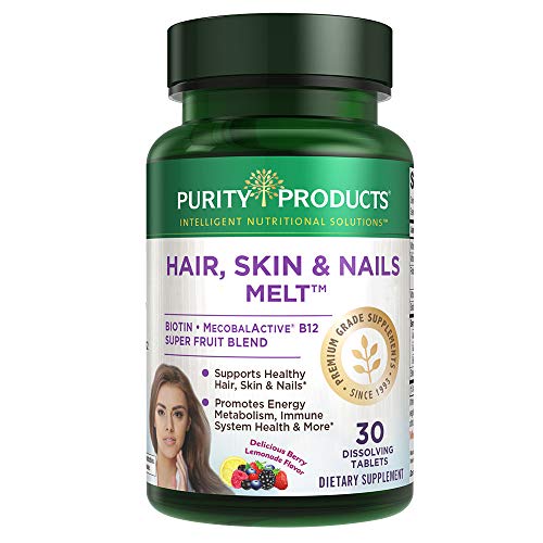 Book Cover Hair, Skin + Nails Melt by Purity Products - 1000mcg B-12 + 2500mcg Biotin Energy Berry Melt - Delicious Berry Lemonade Flavor w/ Super Fruits - B12 Methylcobalamin - 30 Melting Tablets