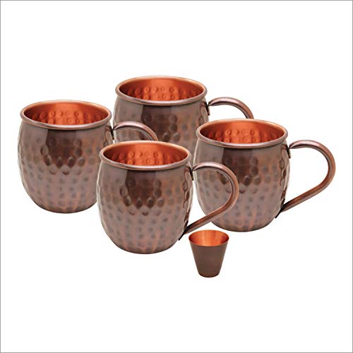 AVADOR Set of 4 Antique Finished Handcrafted 100% Pure Copper Moscow Mule Mugs Hammered Finish 16 Oz. Gift Set Boxed with Shot Glass