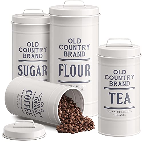 Barnyard Designs Canister Sets for Kitchen Counter, Farmhouse Canisters Sets for the Kitchen Countertop, Coffee Tea Sugar Flour Metal Containers with Lid (White)