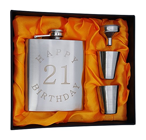 Book Cover 21st Birthday Flask Gift Set - 7 oz Flask Engraved with Happy 21 Birthday