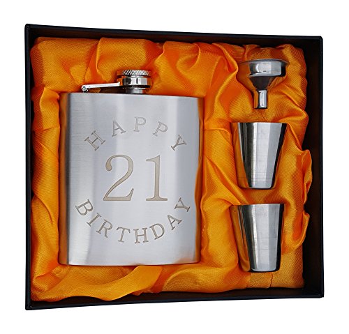 21st Birthday Flask Gift Set - 7 oz Flask Engraved with Happy 21 Birthday
