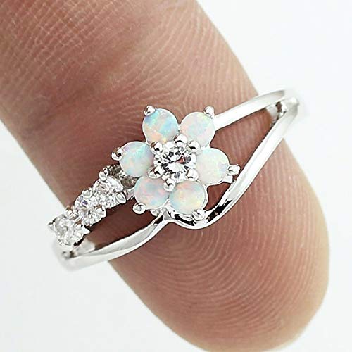 Exquisite Round Cut White Created-Opal Stone Flower Created Opal Rings Women Jewelry Birthday Proposal Gift Bridal Engagement Party Band Rings Size 6-10 5 UK