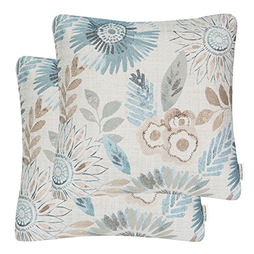 Book Cover Mika Home Pack of 2 Decorative Throw Pillows Cases Cushion Cover for Sofa Couch Bed,Sunflower Pattern,20x20 Inches,Blue Cream