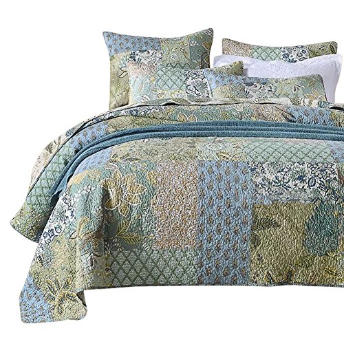 Book Cover NEWLAKE Bohemian Floral Pattern Bedspread Quilt Set with Real Stitched Embroidery,Queen Size