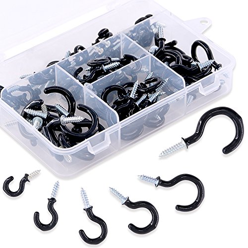 Swpeet 100Pcs Black 6 Sizes Cup Hooks Kit, Vinyl Coated Ceiling Cup Hooks Screw Hooks Mug Hooks Holder for Home, Office and Workplace - 1/2", 5/8",3/4",7/8",1'',1-1/4" (Black)