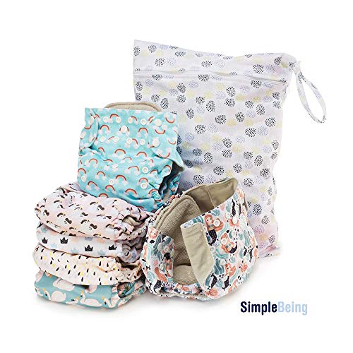 Simple Being Reusable Cloth Diapers, Double Gusset, One Size Adjustable, Washable Soft Absorbent, Waterproof Cover, Eco-Friendly Unisex Baby Girl Boy, with six 4-Layers Microfiber Inserts (Whimsical)