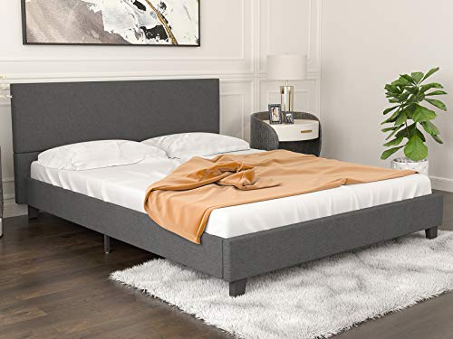 Book Cover Mecor Upholstered Linen Platform Bed Frame - with Wooden Slat Support - No Box Spring Needed,for Adults Teens Children - Grey/Queen Size