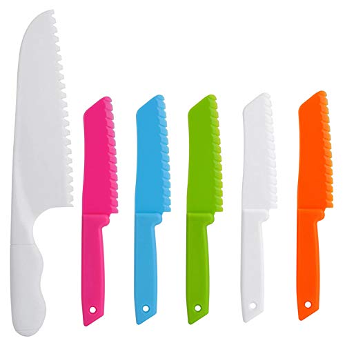 ONUPGO Knives for Kids 6-Piece Nylon Kitchen Baking Knife Set: Plastic Knife Set Children's Cooking Knives Colors/Firm Grip, Serrated Edges, BPA-Free Kids' Knives