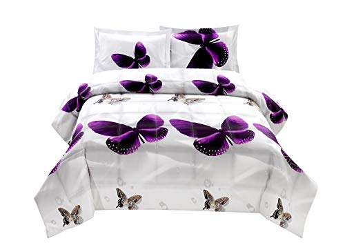 Book Cover HIG 3D Comforter Set Queen - 3 Piece 3D Purple Butterfly Reactive Print Comforter Set Queen Size (Y34) - Box Stitched, Soft, Breathable, Fade Resistant - Includes 1 Comforter, 2 Shams