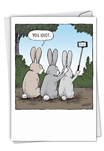 Bunny Selfies - Funny Happy Birthday Greeting Card with Envelope (4.63 x 6.75 Inch) - Rabbit Cartoon Bday Celebration and Congrats Note Card - Humorous Animal Stationery Notecard C2750BDG