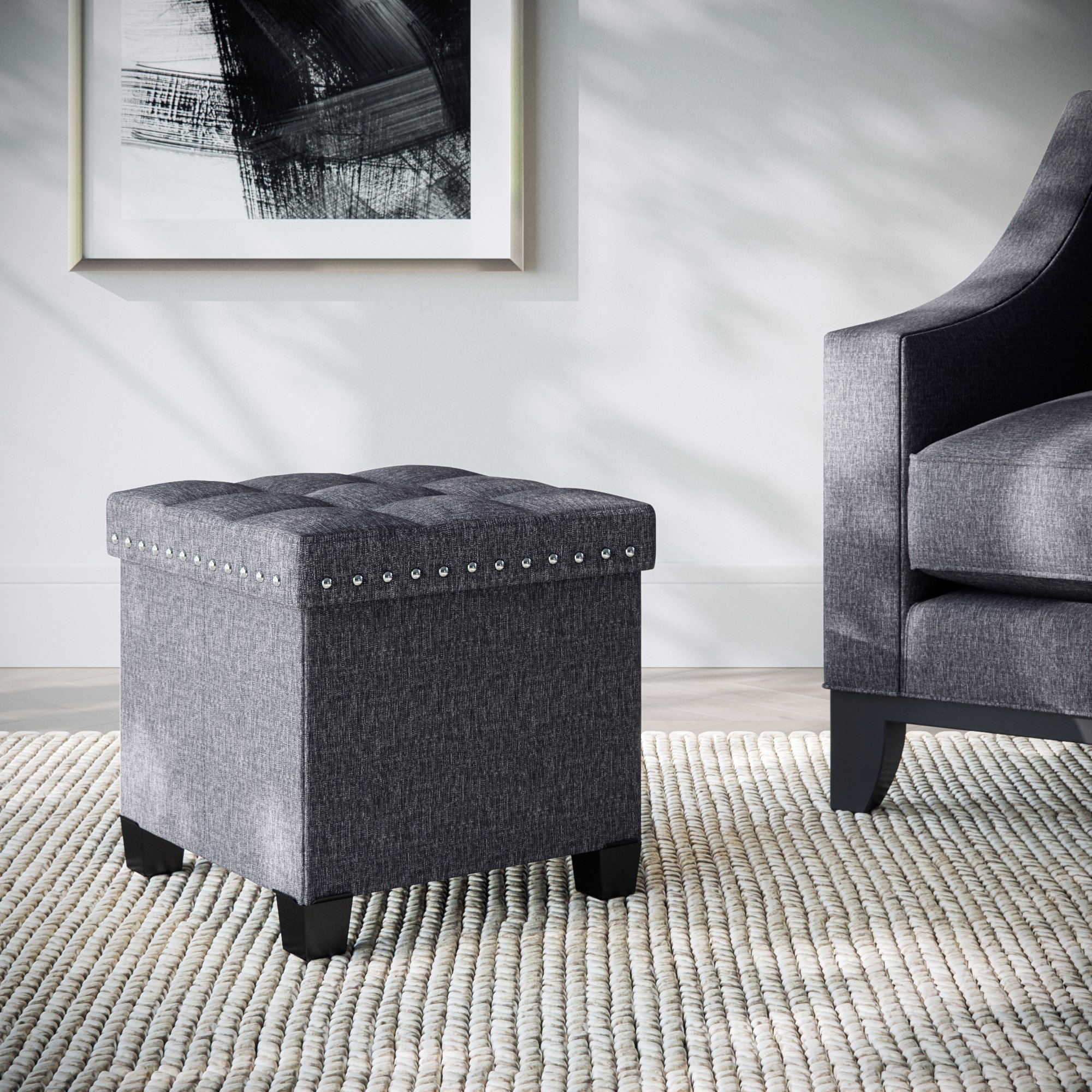 Book Cover Nathan James 71103 Payton Foldable Fabric Ottoman with Wooden Lid, Cube Footstool with Storage Space for Footrest and Seat, Gray Grey