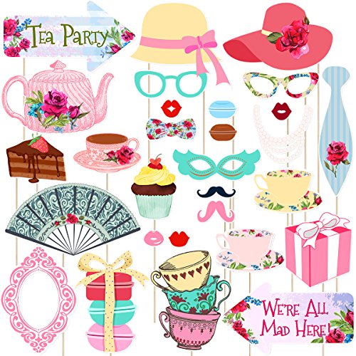 Book Cover LUOEM Tea Party Photo Booth Props Funny Tea Party Supplies for Wedding Bachelorette Engagement Birthday Bridal Shower Christmas Party Decorations (30 Pack)