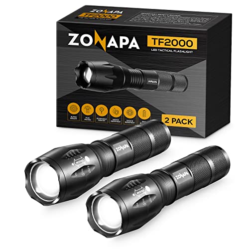ZONAPA Tactical LED Flashlight (2-Pack) High Lumens, 5 Ultra-Bright Lighting Modes Strobe, SOS | Indoor, Outdoor Emergency, Camping, Hiking, Security | Waterproof, Zoomable