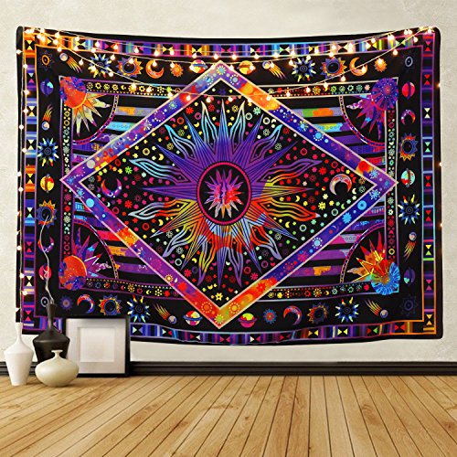 Book Cover BLEUM CADE Tie Dye Purple Burning Sun Tapestry Psychedelic Celestial Sun Moon Planet Bohemian Tapestry Wall Hanging Mandala Boho Hippie Tapestry