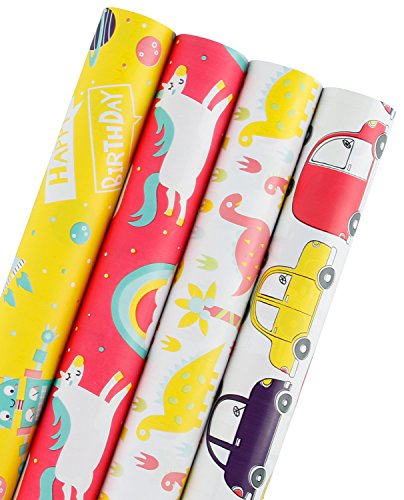 WRAPAHOLIC Birthday Wrapping Paper Roll - Dinosaur Rainbow Pony with Cut Lines - 4 Rolls - 30 inch X 120 inch Per Roll