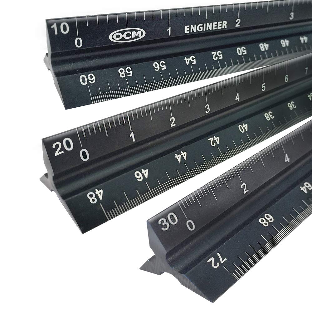 OCM 1 Laser Etched Engineer - 12 Inch Anodized Triangular Engineer Imperial Scale Ruler (Proffesional Grade Solid Extruded Aluminum) Imperial Scale Civil Engineering Architectural Drafting Ruler