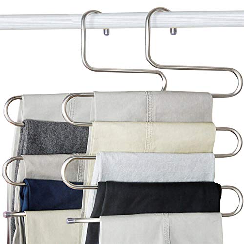 Book Cover devesanter Pants Hangers S-Shape Trousers Hangers Stainless Steel Clothes Hangers Closet Space Saving for Pants Jeans Scarf Hanging Silver (4 Pack with 10 Clips)