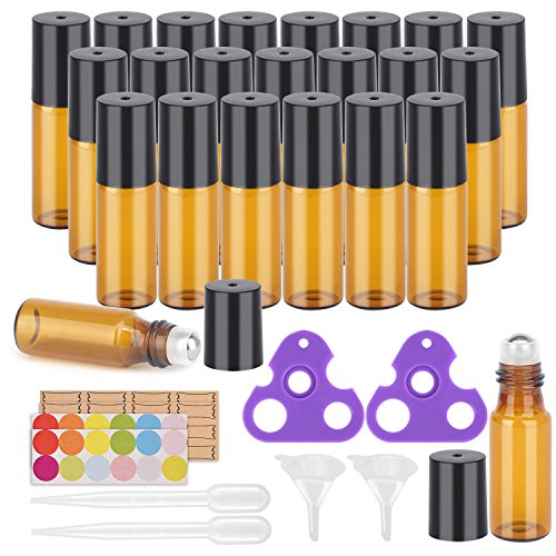 Book Cover Easytle Essential Oil Roller Bottles, 24 Pack Glass Roller Bottles , Roller Balls For Essential Oils, Roll On Bottles By 5ml Amber
