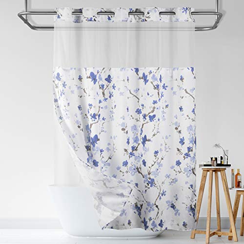 Book Cover Lagute PEVA hookless shower curtain with snap hook removable LinersÂ â€“Â Bath Curtain 180Â * 188Â cm Mildew Resistant Blue Print Fabric Snap-In Liner Hotel, Spa For Bathroom