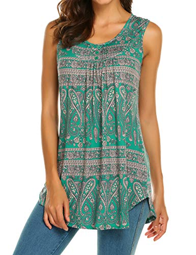 Halife Women's Paisley Printed Pleated Sleeveless Blouse Shirt Casual Flare Tunic Tank Top