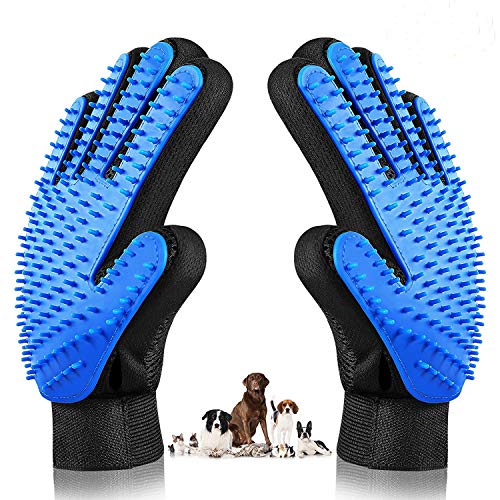 Pet Grooming Glove, Horhin Gentle Deshedding Brush Glove Efficient Hair Remover Brush Bathing Grooming Massage Gloves for Dogs, Cats & Horses with Long & Short Fur,Enhanced Five Finger Design-One Pair