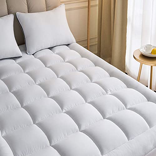 Book Cover Mattress Topper King 78x80Inches Quilted Plush Down Alternative Pillow Top Fitted Skirt Protector Mattress Pad Reviver Enhancer Deep Pocket Fits 20 Inches Soft White Bed (Microfiber, King 78x80Inches)
