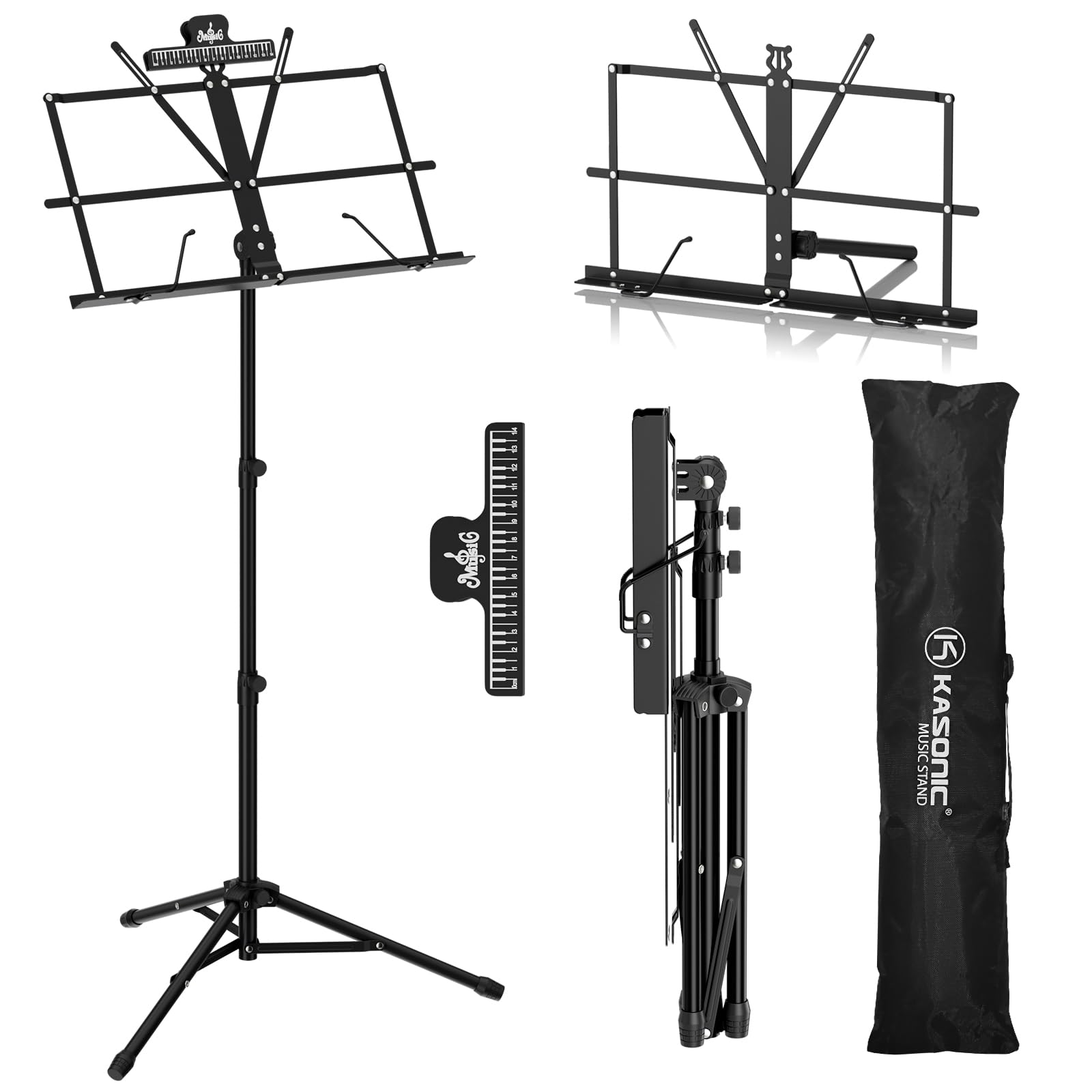 Book Cover Music Stand, Kasonic 2 in 1 Dual-Use Folding Sheet Music Stand & Desktop Book Stand, Portable and Lightweight with Music Sheet Clip Holder & Carrying Bag Suitable for Instrumental Performance (Black)