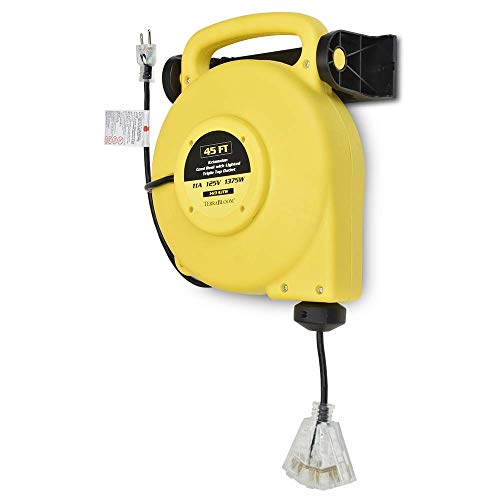TerraBloom 45 Ft Retractable Extension Cord Reel - 2 In 1 Mountable & Portable Power Cord Reel with 3 Electrical Outlets - 14/3 SJTW Heavy Duty Yellow Case and Black Cable With Lighted Power Block