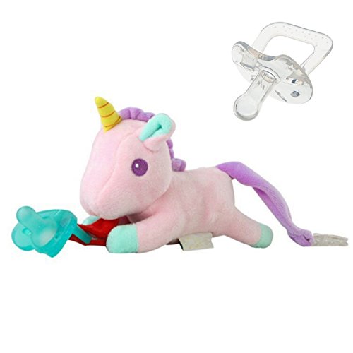 UniBetter Baby Pacifier Holder Stuffed Animal for Baby Girls Boys Infant Soothie Pacifier Teether Holder Clip Unicorn Plush Rattles Toy 2 Pacifier(Pink)