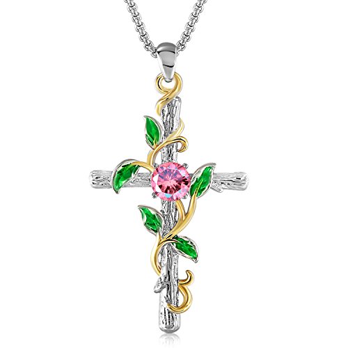 Book Cover GEORGE Â· SMITH 14K White Gold Plated Cross Necklace for Women-Dainty Rose Flower Crucifix Pendant Necklace Birthday Jewelry Gifts, 18-20 Inches Link Chain
